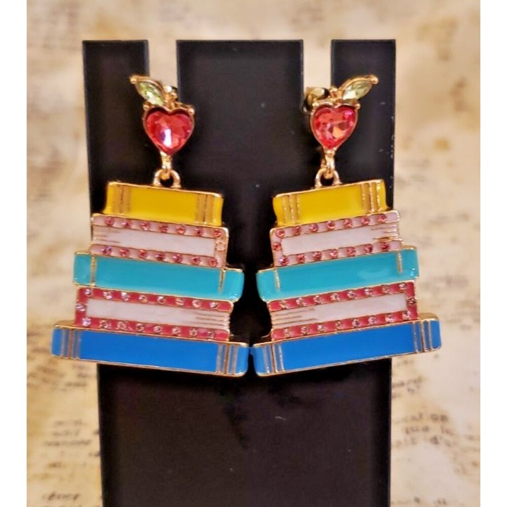 Y2K, Quirky, Whimsical - Stack of Books with Apple on Top Earrings - Multicolor